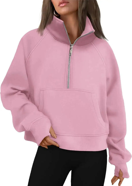 Womens Sweatshirts Half Zip Cropped Pullover Fleece Quarter Zipper Hoodies Fall outfits Clothes Thumb Hole - Lootquake