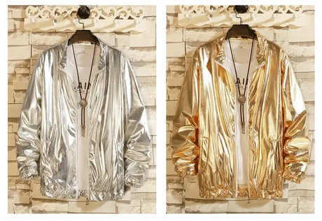 Mens Windbreaker Jackets Nightclub Stage Party Jackets Costume Streetwear Harajuku Hip Hop Reflective Jacket Gold Fashion Coats - Lootquake