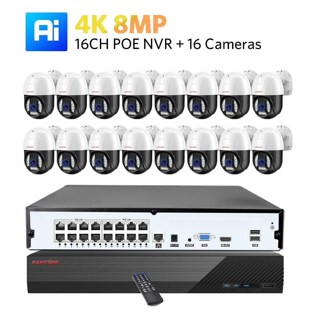 Kit NVR XMEYE de 16 canales POE, sistema de cámara de seguridad PTZ 4K, detección facial IA de 8 MP, audio bidireccional, cámara de visión nocturna a color y resistente al agua.