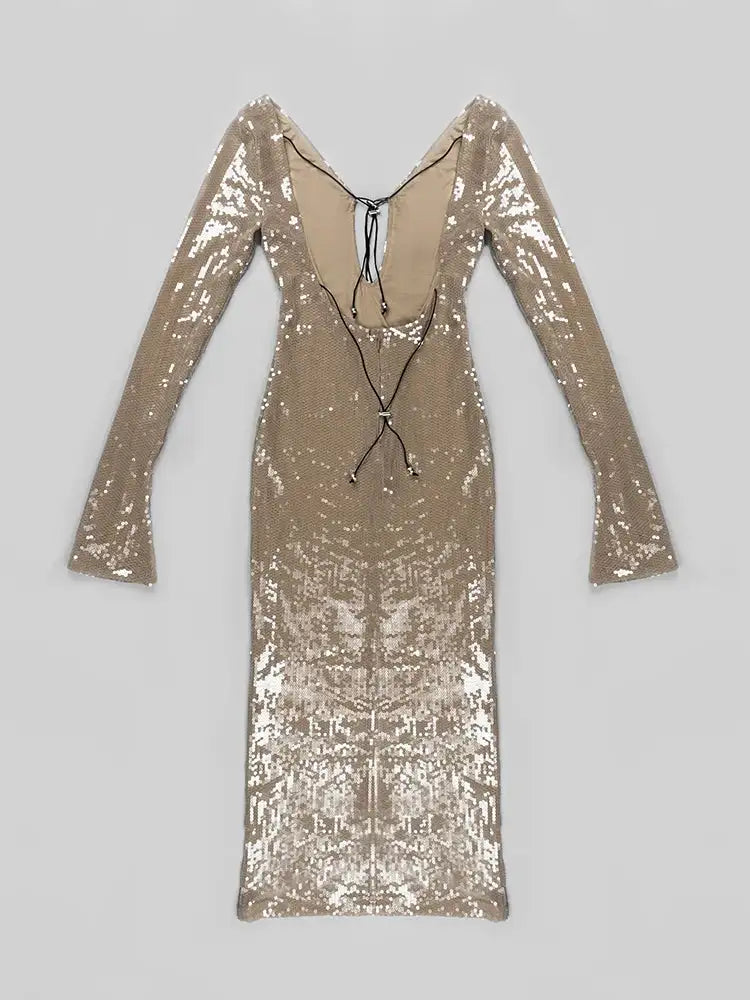 BEVENCCEL Sexy Luxury Sequins Deep V Long Sleeve Backless Sequins Long Dress Elegant  Bodycon Maxi Evening Party Clubwear Dress