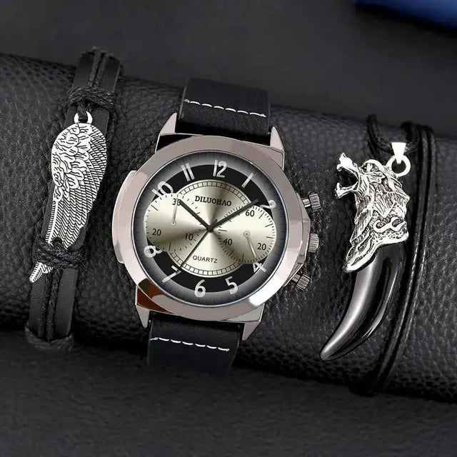 3PCS Set Fashion Mens Bracelet Necklace Watches Men Business Quartz Wrist Watch Classic Male Casual Leather Watch Reloj Hombre - Lootquake