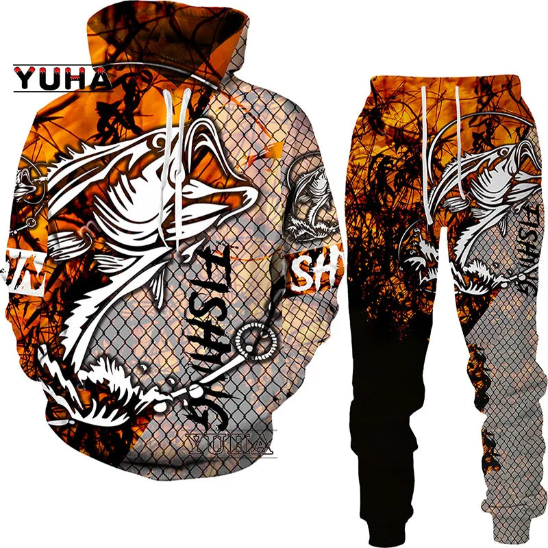 New 3D Fishing Art Print Casual Couple Hoodies Outfits Hip Hop Streetwear Hooded Sweatshirt+Sweat Pants Men's Tracksuit Set - Lootquake