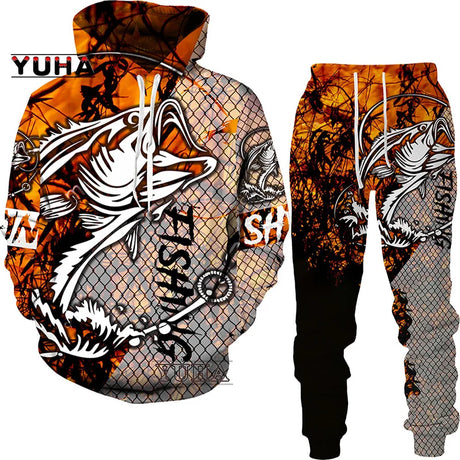 New 3D Fishing Art Print Casual Couple Hoodies Outfits Hip Hop Streetwear Hooded Sweatshirt+Sweat Pants Men's Tracksuit Set - Lootquake