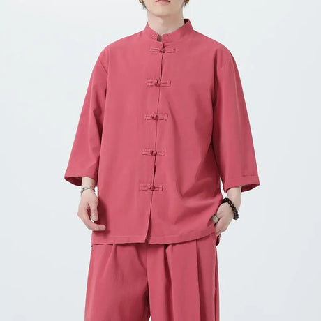 Men Chinese Style Hanfu Shirt 3/4 Sleeve Mens Loose Tops Tang Suit Solid Traditional Kung Fu Shirts Male Chinese Shirts M-5XL - Lootquake