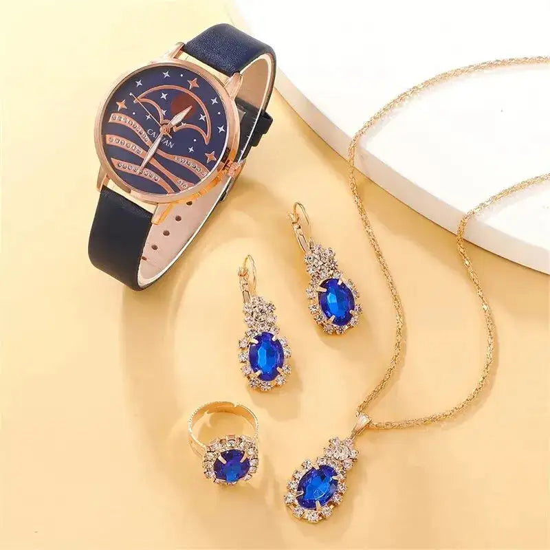 5pcs Set Women Fashion Quartz Watch Female Clock Moon Dial Luxury Brand Design Women Watches Simple Ladies Watches - Lootquake