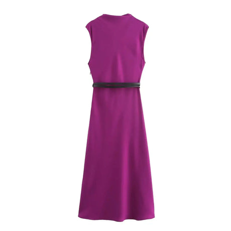 TRAFZA Women's Autumn New Fashion Versatile Belted Midi Slim Long Dress Female Elegant High Street Sleeveless Casual Dress Mujer - Lootquake