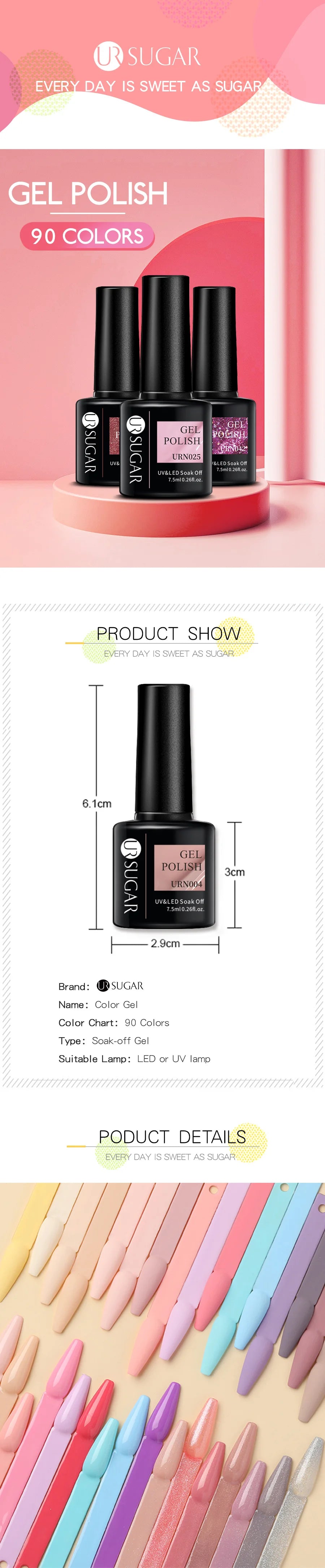 URSUGAR 7.5ml Solid Color Gel Polsih Classic Matte Glossy DIY Nail Art Trendy Reflective Glitter Nail Gel UV LED Soak Off