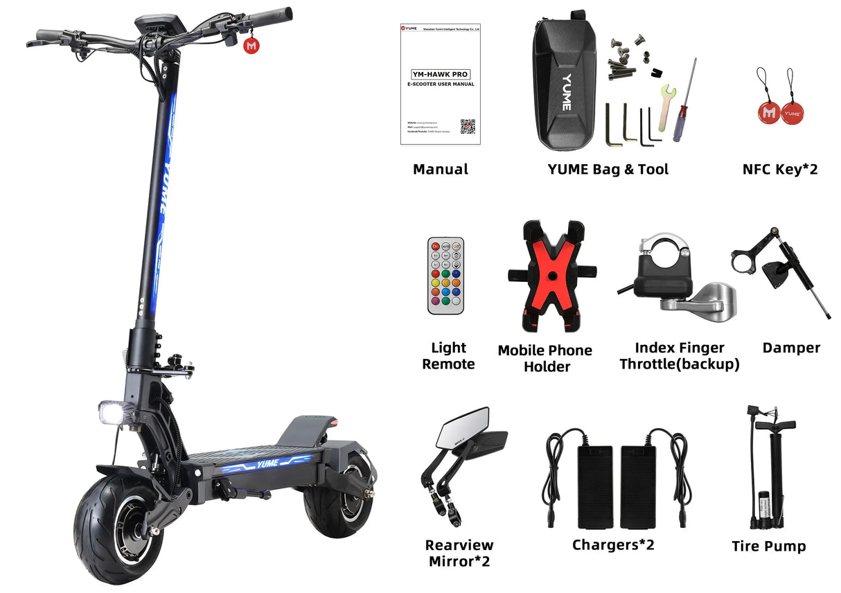 Trottinette électrique Yume Hawk Pro 6 000 W à double moteur, accélérateur au pouce, écran NFC, vitesse maximale : 85 km/h, batterie 60 V-30 AH, autonomie maximale : 100 km