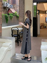 2024 New Casual Korean Striped O-neck Short Sleeve Long Dress Ladies Simplicity Patchwork Loose Tshirt Dress Women Clothing - Lootquake