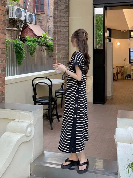 2024 New Casual Korean Striped O-neck Short Sleeve Long Dress Ladies Simplicity Patchwork Loose Tshirt Dress Women Clothing - Lootquake