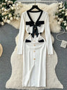 SINGREINY Office Lady Sweater Long Dress 2023 Bow Single Breasted Elastic Split Women Autumn Dress Fashion Senior Knitted Dress