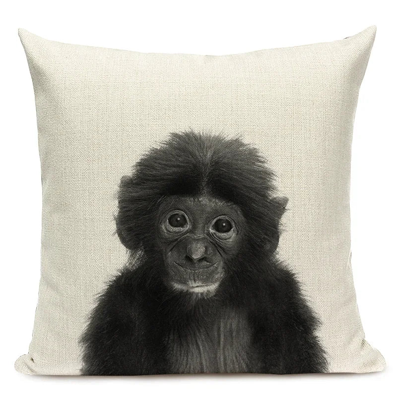 Black and White Cute Animals Cushion Cover - Animal Portrait Decoration Throw Pillow Case 45x45cm for Home Sofa Decor