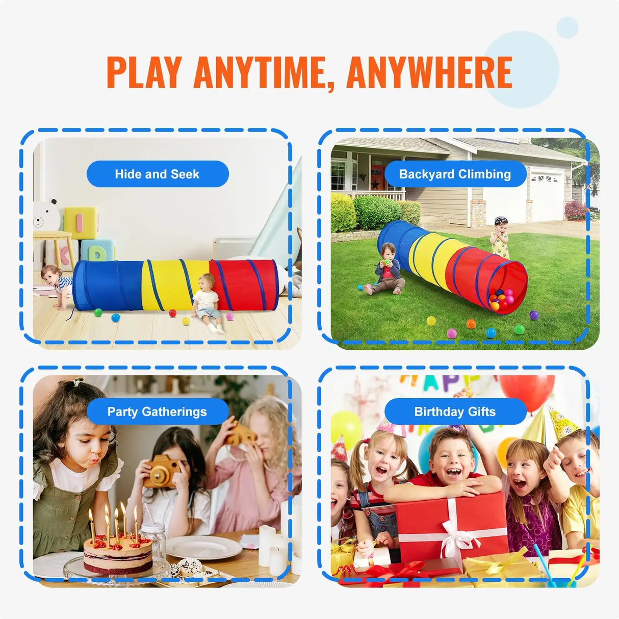 VEVOR Kids Play Tunnel Tent for Toddlers Collapsible Gift for Boy and Girl Play Tunnel Indoor and Outdoor Game Red/Yellow/Blue - Lootquake