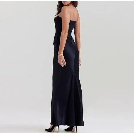Sexy Strapless Patchwork Long Dress Women Slim Sleeveless Pleated Mermaid Dresses 2025 Spring Summer Lady Evening Solid Robe - Lootquake