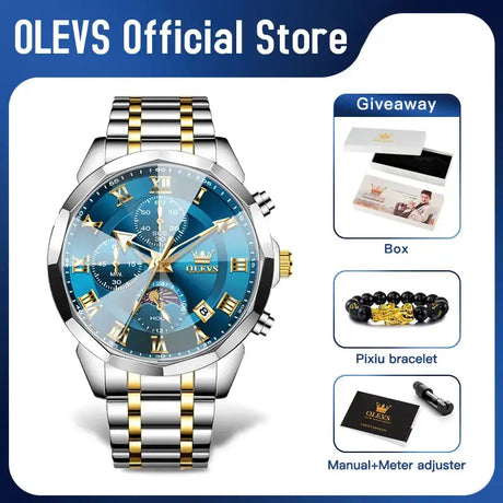 OLEVS 3675 Mens Watch Original Multifunctional Chronograph Quartz Watch Moon Phase Watches For Men Waterproof Mens Gifts Reloj - Lootquake