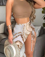 Elegant Two-Piece Women's Summer Dress Set with Ginkgo Print Strapless Short Top and Drawstring High Slit Casual Long Dress Set - Lootquake