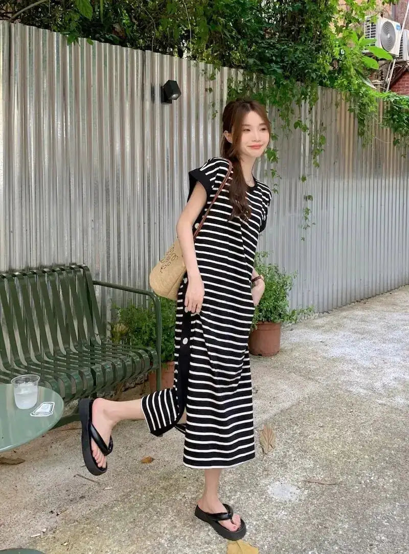 2024 New Casual Korean Striped O-neck Short Sleeve Long Dress Ladies Simplicity Patchwork Loose Tshirt Dress Women Clothing - Lootquake