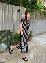 2024 New Casual Korean Striped O-neck Short Sleeve Long Dress Ladies Simplicity Patchwork Loose Tshirt Dress Women Clothing - Lootquake