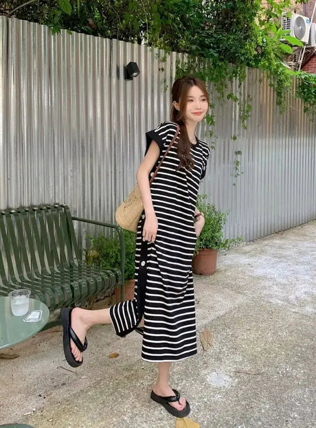2024 New Casual Korean Striped O-neck Short Sleeve Long Dress Ladies Simplicity Patchwork Loose Tshirt Dress Women Clothing - Lootquake