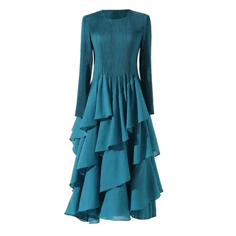LANMREM Elegant Pleated Long Dress For Women Round Neck Long Sleeves Ruffles A-line Dresses Fashion 2025 Spring New 32C2026 - Lootquake