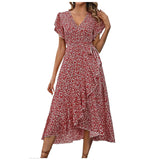 Women's Flowy Split Midi Floral Wrap Dress Summer Irregular High Waist Boho Long Dress A-Line V-Neck Holiday Beach Sundress - Lootquake