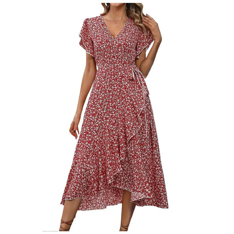Women's Flowy Split Midi Floral Wrap Dress Summer Irregular High Waist Boho Long Dress A-Line V-Neck Holiday Beach Sundress - Lootquake