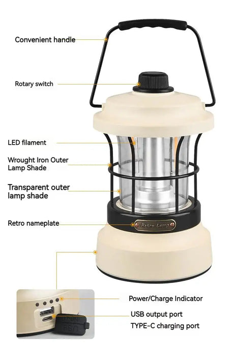 Retro Lamp Portable Camping Lantern USB Recharge Camping Tent Travel Light Vintage Outdoor Lighting Camping Equipment Flashlight - Lootquake