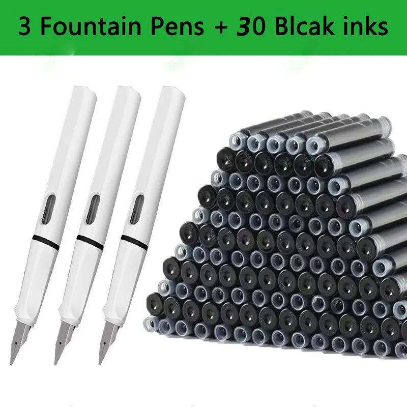 Juego de 33 plumas estilográficas Kawaii con tinta reemplazable, tinta negra, azul y roja EF de 0,38 mm, bolígrafos escolares, material de oficina, papelería para escribir.