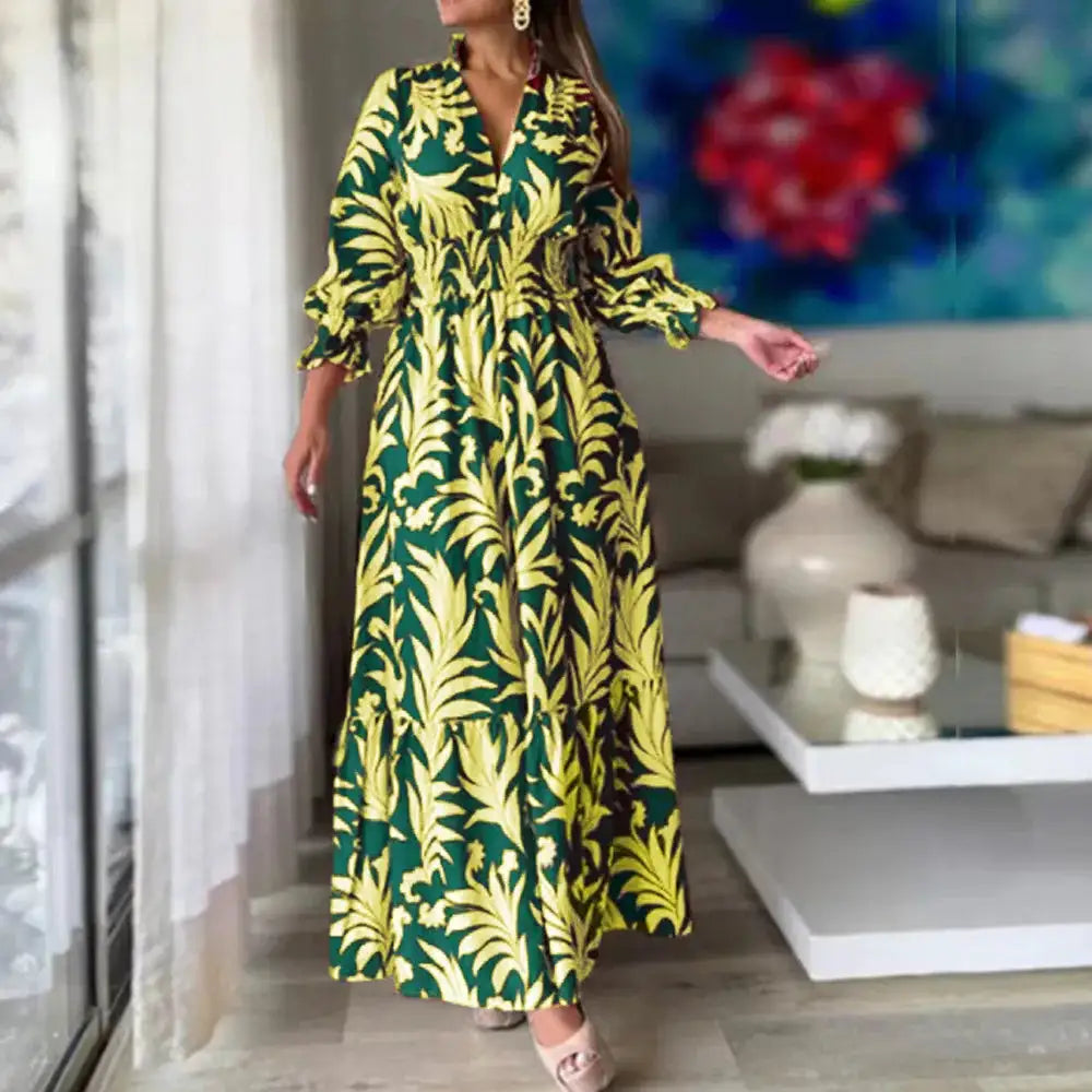 Europe And America Cross Border Autumn/Winter New Long Dress with Waist Pullover And Bohemian Print Long Sleeve Large Swing - Lootquake