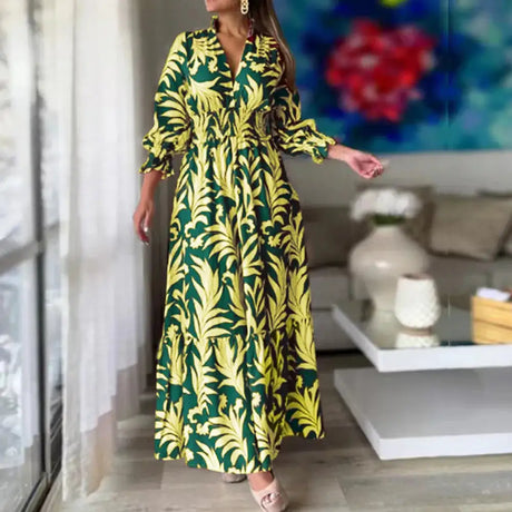 Europe And America Cross Border Autumn/Winter New Long Dress with Waist Pullover And Bohemian Print Long Sleeve Large Swing - Lootquake