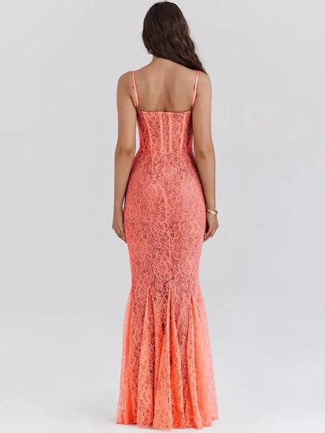 Mozision Floral Lace Sexy Maxi Dress For Women Orange Spaghetti Strap Sleeveless Backless Bodycon Club Party Long Dress Elegant - Lootquake