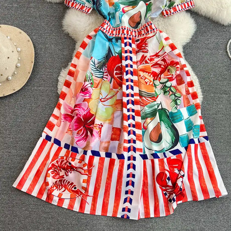 Polo Neck Printed Vintage Long Dress Short Sleeve Big Hem Slim Long Dress Vestidos Casual Fashion Women Elegant Robe - Lootquake