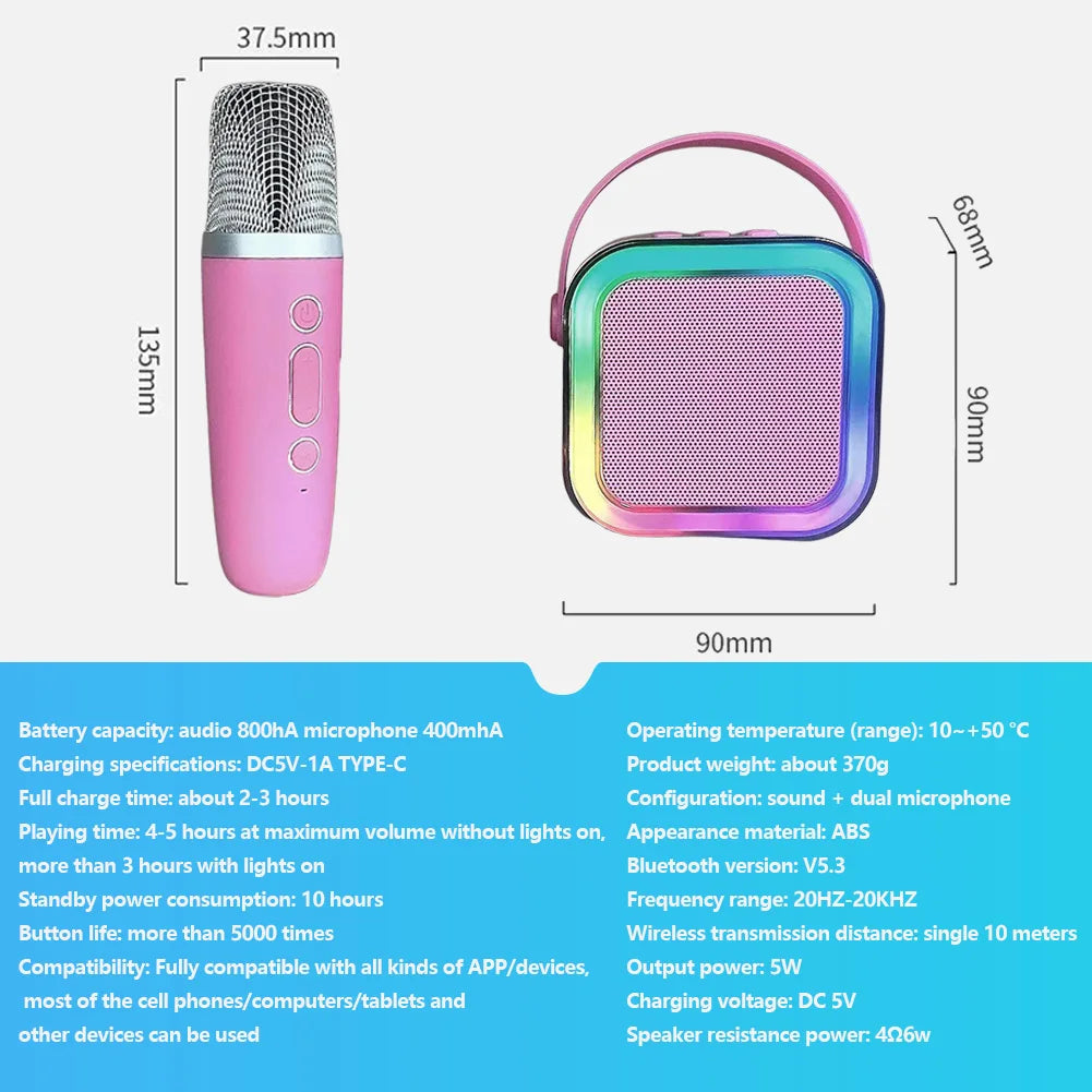 Máquina de karaoke Bluetooth 5.3 con micrófono inalámbrico y luces LED ajustables, mini altavoz para niños y adultos.