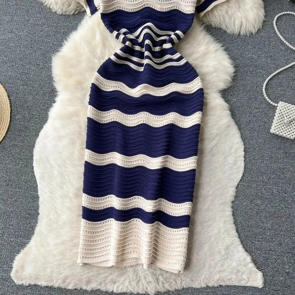 Short Sleeves Striped Long Dress Lapel Neck Hollow Out Slim Bodycon Sundress Fashion Hotsweet Knitted Beach Midi Dress - Lootquake