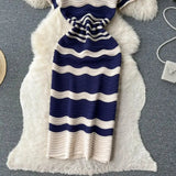 Short Sleeves Striped Long Dress Lapel Neck Hollow Out Slim Bodycon Sundress Fashion Hotsweet Knitted Beach Midi Dress - Lootquake