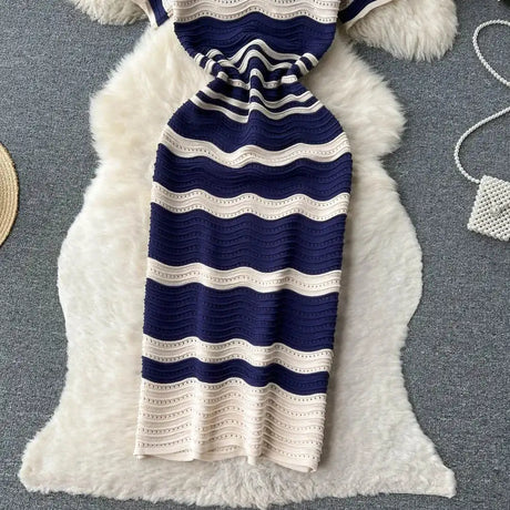 Short Sleeves Striped Long Dress Lapel Neck Hollow Out Slim Bodycon Sundress Fashion Hotsweet Knitted Beach Midi Dress - Lootquake