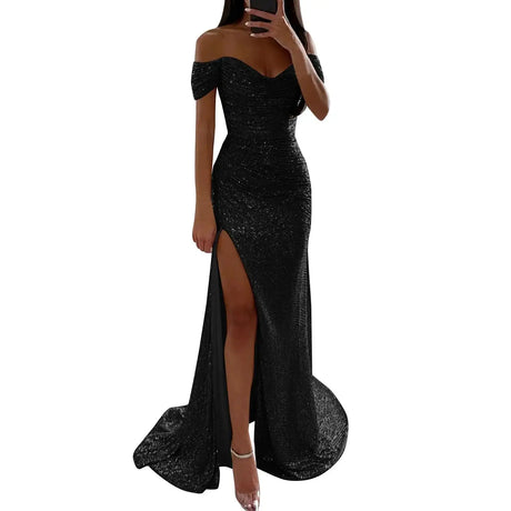 Sexy Sequin Evening Party Prom Long Dress Women Elegant V-Neck Gown Dress Off Shoulder Slim High Split Gown Female Vestidos - Lootquake