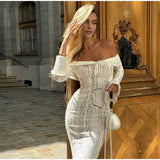 Lace Hollow Out One-shoulder Slim Long Dress For Women Solid Lace Up Waistless Dresses 2024 Chic Sexy Female Party Date Robes - Lootquake