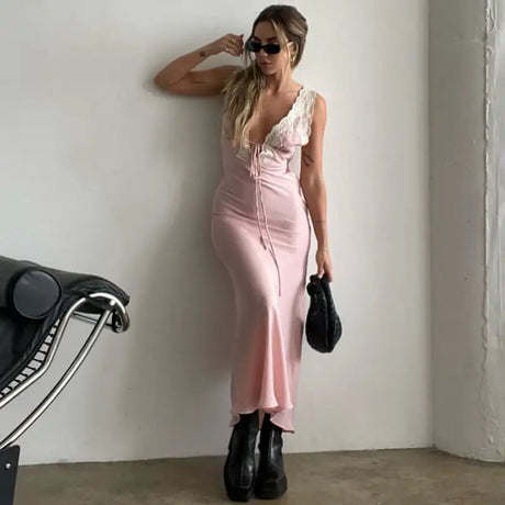 Y2K Chic Women Lace Trim Long Dress 90s Vintage Sexy V Neck Tie Up Backless Bodycon Elegant Lady Club Party Night Cocktail Dress - Lootquake