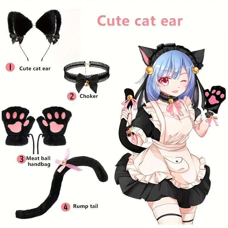 5Pcs Sets Cat Paw Gloves Winter Cute Cartoon Girl Open Finger Gloves Bell Headband Fox Cat Ear Headwear