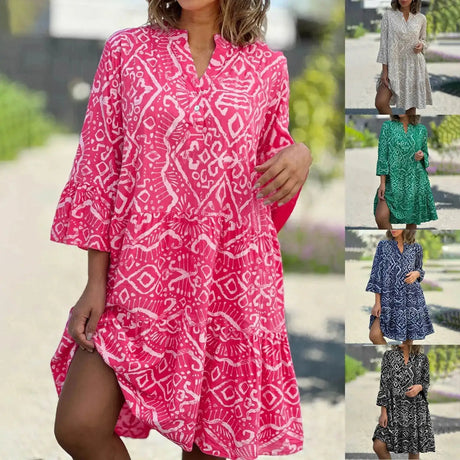 Women Floral Print Maxi Dress Fashion Casual V Neck Long Dress Plus Size Summer Boho Dress Ruffle Three Quarter Sleeves Dresses - Lootquake