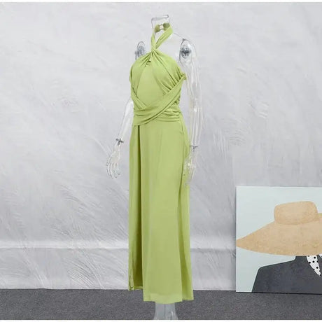 Hanging Neck Strap Split Long Dress Women Wrap Chest Backless High Waisted Slim Fit Robes Summer Chic Female Streetwear Vestido - Lootquake