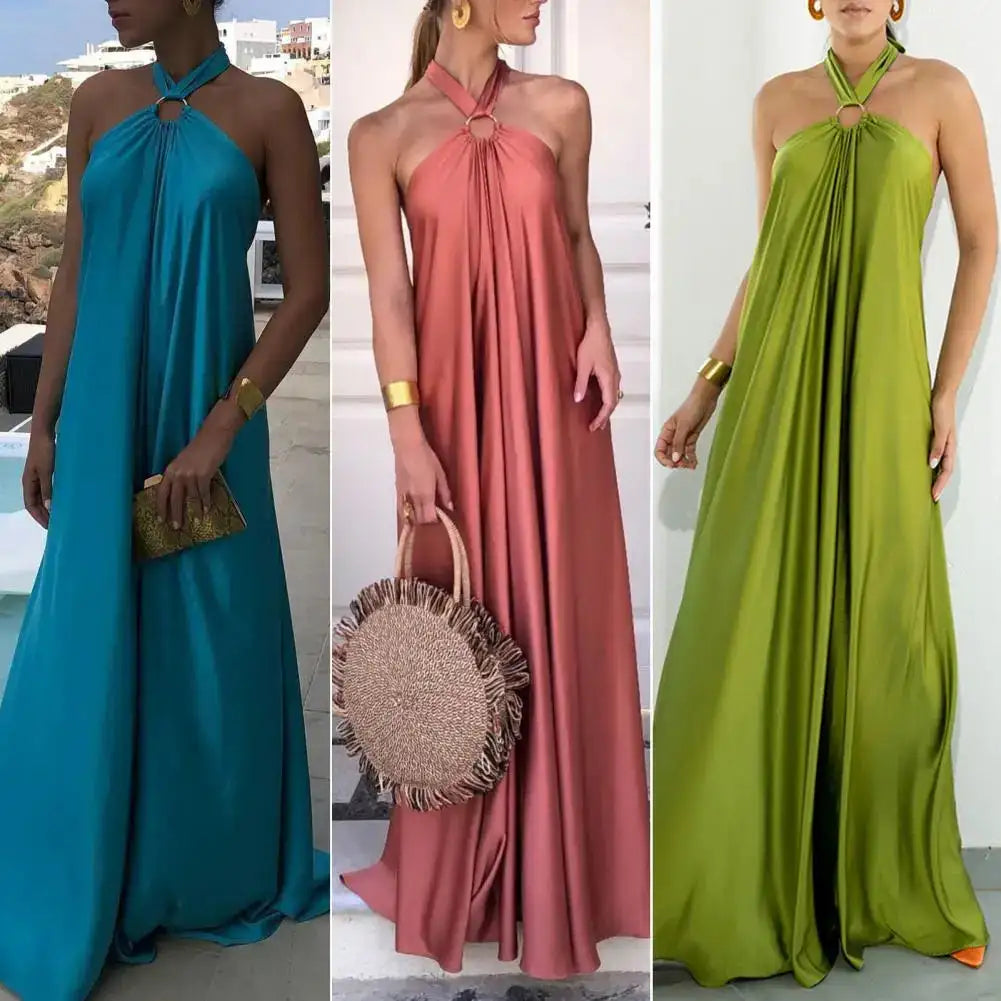 Women Dresses Solid Color Off Shoulder Backless Long Dress Neck Straps A-Line Beach Large Hem Dress Feminine Clothing - Lootquake