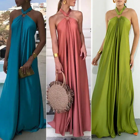 Women Dresses Solid Color Off Shoulder Backless Long Dress Neck Straps A-Line Beach Large Hem Dress Feminine Clothing - Lootquake
