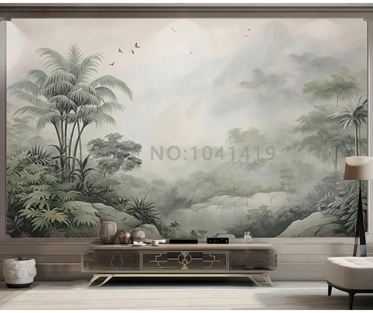 Tropical Green Plants Coconut Trees Distant Mountain Birds 3D Mural Wallpaper Restaurant Clubs KTV Bar Modern Personality Murals