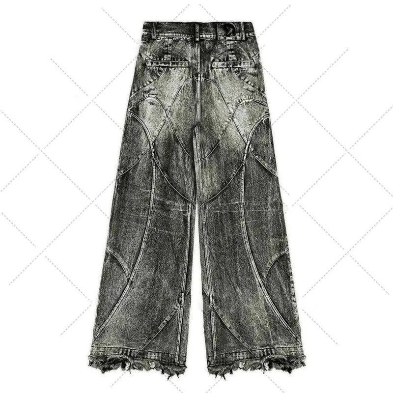PFNW Spliced Design Washed Denim Jeans Men's Streetwear Fashion Straight Leg Denim Pants Hip Hop Trendy Trousers Spring 28W4634 - Lootquake