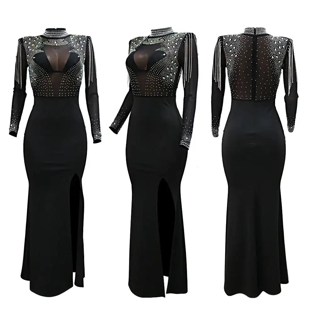 CM.YAYA Vestido largo de sirena con diamantes de imitación y manga larga transparente para mujer, de malla transparente, sexy, para fiesta de noche o otoño