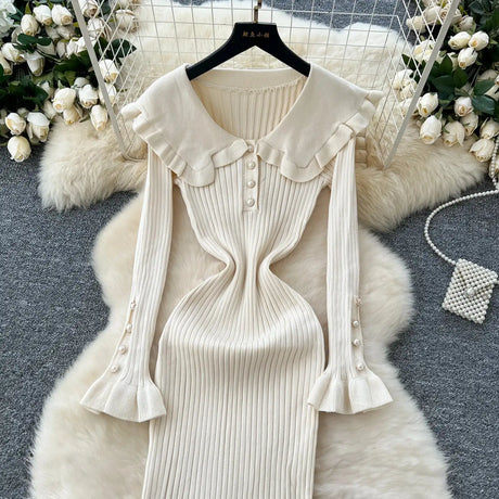 SINGREINY 2024 Hotsweet Slim Autumn Dress Women Peter pan Collar Long Sleeves Patchwork Preppy Style Mermaid Sweater Long Dress - Lootquake