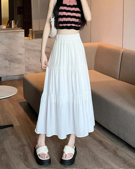Spring 2024 New Women's Petite Black Umbrella Skirt High-waisted A- line White Dress Long Dress Drape Sense - Lootquake