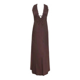 Y2K Chic Women Lace Trim Long Dress 90s Vintage Sexy V Neck Tie Up Backless Bodycon Elegant Lady Club Party Night Cocktail Dress - Lootquake